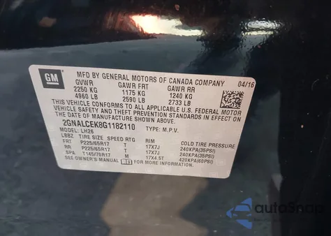 2016 Chevrolet Equinox Lt из США, поврежденный, VIN 2GNALCEK8G1182110